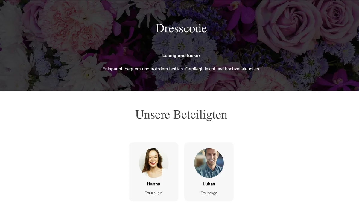 Hochzeitswebsite: Dresscode-Seite und Vorstellung der Trauzeugen