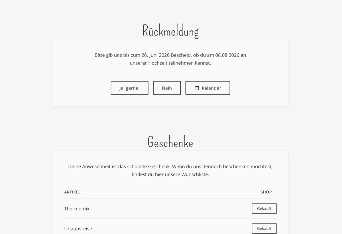Hochzeitswebsite: RSVP-Rückmeldung und Geschenke-Wunschliste